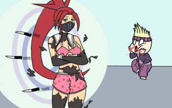Rule 34 | 1boy, 1girl, armpits, artist request, black mask, blood, blush, bodysuit, boyshort panties, bra, breasts, capcom, chain, cleavage, collarbone, defeat, delinquent, embarrassed, eyelashes, green eyes, heart, heart print, high ponytail, zaki (justice gakuen), humiliation, justice gakuen, knife, leather, legs, long hair, looking at viewer, mask, medium breasts, midriff, moero! justice gakuen, mouth mask, neck, nosebleed, panties, parted bangs, pink bra, pink panties, ponytail, red hair, sailor collar, sidelocks, skin tight, spiked hair, standing, thighs, torn bodysuit, torn clothes, tsundere, underwear, very long hair