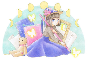 1girl blue_eyes blush brown_hair bug butterfly chiori_n colored_pencil colored_pencil_(medium) commentary_request flower hat holding holding_pencil insect light_smile looking_at_viewer moon_phases notepad original pencil short_hair sitting skirt solo stuffed_animal stuffed_toy teddy_bear traditional_media