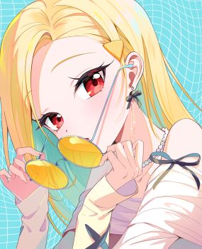 Rule 34 | 1girl, absurdres, bare shoulders, bead necklace, beads, blonde hair, blue background, blush, colored inner hair, commentary, earrings, hair ornament, hairclip, highres, holding, holding removed eyewear, jewelry, jingburger, korean commentary, long hair, long sleeves, looking at viewer, looking over eyewear, lovett35, multicolored hair, necklace, off-shoulder shirt, off shoulder, open mouth, orange-tinted eyewear, pearl necklace, portrait, red eyes, shirt, solo, sunglasses, tinted eyewear, unworn eyewear, upper body, virtual youtuber, waktaverse, white shirt