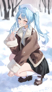 1girl arahashi_tabi beret black_skirt block_heels blue_eyes blue_hair bow brown_bow brown_coat brown_shoes center-flap_bangs coat commentary day english_commentary footwear_bow from_side full_body grin hat highres long_hair long_sleeves looking_at_viewer looking_to_the_side mary_janes miniskirt one_eye_closed open_clothes open_coat outdoors pleated_skirt shoes skirt smile snow snowing socks solo squatting stellive sweater turtleneck turtleneck_sweater twintails virtual_youtuber white_hat white_socks white_sweater wide_sleeves winter winter_clothes yoba