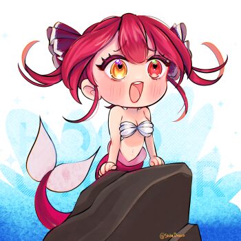 1girl :d ariel_(disney) ariel_(disney)_(cosplay) bare_arms bare_shoulders blush breasts chibi cleavage commentary cosplay english_commentary hair_ribbon heart heart_in_eye heterochromia highres hololive houshou_marine medium_breasts mermaid monster_girl monsterification navel open_mouth orange_eyes parody red_eyes red_hair red_ribbon ribbon round_teeth scene_reference shibedraws smile solo symbol_in_eye teeth the_little_mermaid_(disney) twintails twitter_username upper_teeth_only virtual_youtuber white_background