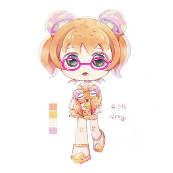 1girl blue_eyes chiuanzhang color_guide full_body gen_1_pokemon glasses holding holding_pokemon looking_at_viewer mushroom mushroom_on_head nintendo open_mouth orange_hair paras personification pink-framed_eyewear pokemon pokemon_(creature) short_hair simple_background white_background white_footwear