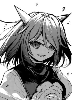 1girl cone_horns flower greyscale grin highres horns ibaraki_douji&#039;s_arm looking_at_viewer medium_hair monochrome oni portrait short_sleeves simple_background slit_pupils smile solo suna_(s73d) tabard teeth touhou