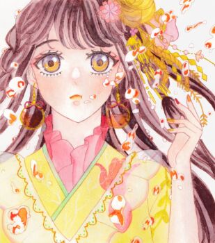 Rule 34 | 1girl, :t, air bubble, blunt bangs, braid, brown hair, bubble, closed mouth, commentary request, earrings, eyelashes, eyeshadow, floating hair, flower, frilled kimono, frills, hair flower, hair ornament, hair ribbon, hand up, highres, holding breath, japanese clothes, jewelry, kanata (6v0o0v9), kimono, light blush, lipstick, long hair, looking ahead, makeup, multicolored nails, nail polish, nikki (series), orange nails, painting (medium), pink eyeshadow, pink flower, pink ribbon, red nails, ribbon, shide, shining nikki, side braids, solo, stylist (nikki), traditional media, twin braids, upper body, very long hair, watercolor (medium), yellow eyes, yellow flower, yellow kimono, yellow lips, yellow nails