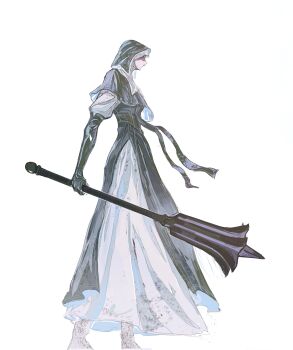 1girl absurdres black_bodice black_capelet blood blood_on_clothes blood_splatter bodice capelet elbow_gloves elden_ring elden_ring_nightreign from_side full_body gloves highres holding holding_mace holding_weapon hood hood_up jewelry looking_at_viewer mace necklace nun pelvic_curtain solo tristanbrardart undertaker_(elden_ring) weapon white_background