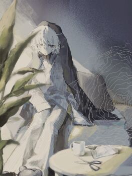 Rule 34 | 1boy, androgynous, animal slippers, artist name, black eyes, blanket, closed mouth, coffee mug, cup, doodle inset, expressionless, full body, hair between eyes, highres, mug, original, pajamas, pale skin, pillow, plant, scissors, sitting, slippers, swirl, table, under covers, white hair, white pajamas, xyz 0dr