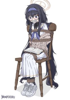 1girl absurdres arms_behind_back artist_name bdsm black_hair black_pantyhose blue_archive blue_eyes blue_hairband blue_neckerchief bondage book book_on_lap bound bound_ankles bound_arms bound_legs brown_halo brown_jacket cable_knit chair eyewear_strap full_body gag gagged glasses hairband halo highres improvised_gag jacket jewelry long_hair low_twintails neckerchief necklace off_shoulder open_book pantyhose pleated_skirt restrained rope round_eyewear sailor_collar shirt shoes simple_background sitting skirt sneakers solo tape tape_gag tearing_up tied_to_chair twintails ui_(blue_archive) very_long_hair white_background white_sailor_collar white_shirt white_shoes white_skirt wooden_chair yanpooru yellow-framed_eyewear