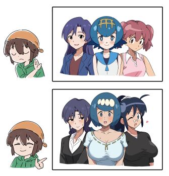 1boy 6+girls absurdres artist_self-insert bandana black_eyes black_shirt blazer blue_eyes blue_hair blue_jacket breasts bright_pupils brown_eyes brown_shirt closed_mouth commentary drakeposting_(meme) flat_chest freckles frown glasses green_hoodie hair_between_eyes hairband highres hinata_aki hinata_natsumi hood hoodie idolmaster idolmaster_(classic) jacket keroro_gunsou kisaragi_chigusa kisaragi_chihaya lana&#039;s_mother_(pokemon) lana_(pokemon) large_breasts long_hair looking_at_viewer mature_female meme mother_and_daughter multiple_girls nintendo one_eye_closed open_clothes open_jacket open_mouth orange_bandana pince-nez pink_hair pink_shirt pokemon pokemon_(anime) pokemon_sm_(anime) purple_hair shirt short_hair simple_background sleeveless sleeveless_shirt small_breasts smile sn_(zigzagspark6) sn_(zigzagspark6)_(character) upper_body v-shaped_eyebrows white_background white_pupils white_shirt wrinkled_skin yellow_hairband