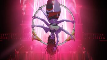 1girl animal_ears arthropod_girl asymmetrical_legwear bat_ears bracelet brown_hair colored_sclera colored_skin dante_will extra_arms extra_eyes fingernails highres holding holding_jewelry holding_ring indoors insect_girl jewelry mismatched_legwear monster_girl navel neobaka portuguese_commentary purple_skin red_sclera ring second-party_source sharp_fingernails spider_girl spiked_bracelet spikes todorusy translation_request upside-down wings