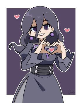 Rule 34 | 1girl, @ @, absurdres, bags under eyes, black hair, commentary request, dress, earrings, eyelashes, garloo, grin, hair between eyes, hands up, happy, heart, heart hands, hex maniac (pokemon), hex maniac (pokemon legends: z-a), highres, jewelry, long bangs, long hair, long sleeves, looking at viewer, nintendo, outline, pokemon, pokemon legends: z-a, raised inner eyebrows, smile, solo, teeth