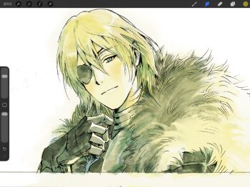 Rule 34 | 1boy, armor, art program in frame, black armor, black gloves, blonde hair, blue eyes, breastplate, closed mouth, commentary request, cropped torso, dimitri alexandre blaiddyd, dimitri alexandre blaiddyd (timeskip), eyepatch, fingerless gloves, fire emblem, fire emblem: three houses, frown, fur trim, gloves, hair between eyes, highres, korean commentary, looking at viewer, male focus, medium hair, nintendo, one eye covered, park cass, simple background, solo, white background, white fur