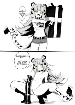 1girl animal_ears birthday blush bow box collar commentary crop_top dildo english_commentary english_text fang fingerless_gloves flat_chest gift gift_box gloves green_eyes highres holding holding_gift horse_dildo huge_dildo ju_fufu kunitoro_(artist) loli long_hair m_legs navel nervous nervous_sweating nipples nude open_mouth pussy pussy_juice pussy_juice_drip sex_toy shorts solo speech_bubble spiked_hair spread_legs squatting sweat tail tail_bow tail_ornament thighhighs thought_bubble tiger_ears tiger_girl tiger_tail white_background zenless_zone_zero