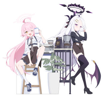 2girls ;d ahoge alternate_costume apron black_halo black_horns black_shirt black_thighhighs blue_archive blush brown_apron brown_skirt coffee coffee_maker coffee_mug collared_shirt commentary cup demon_girl demon_horns demon_wings forehead full_body hair_ornament hairclip halo hand_up happy highres hina_(blue_archive) holding holding_cup horns hoshino_(blue_archive) long_hair long_sleeves looking_at_viewer low_wings mug multiple_girls necktie one_eye_closed open_mouth parallel_hairclips parted_bangs pencil_skirt pink_hair pink_halo purple_eyes same_(samefgo) shirt simple_background sitting skirt sleeves_rolled_up smile standing thighhighs very_long_hair waist_apron white_background white_hair white_shirt wings yellow_eyes
