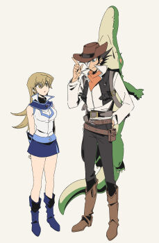 1boy 1girl 3_ma_me bandage_over_one_eye belt black_hair black_pants black_vest blonde_hair blue_footwear blue_skirt boots brown_eyes brown_footwear brown_hat cowboy_hat crocodile crocodilian duel_academy_uniform_(yu-gi-oh!_gx) full_body hair_between_eyes hat highres jim_crocodile_cook karen_(yu-gi-oh!) long_hair long_sleeves looking_at_another pants shirt short_hair skirt sleeveless sleeveless_shirt tenjouin_asuka vest white_background white_shirt yu-gi-oh! yu-gi-oh!_gx