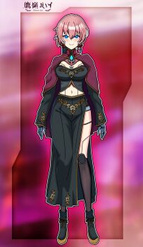 absurdres android blue_eyes breasts character_name doll_joints earrings gradient_background highres hololive humanoid_robot japanese_text jewelry joints large_breasts looking_at_viewer mechamaiden mechanical_arms mechanical_hands mechanical_legs mechanization midriff navel pink_hair ponytail robot robot_girl short_hair smile takane_lui virtual_youtuber