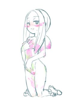 1girl bad_id bad_twitter_id blush bodypaint breasts bright_pupils female_pubic_hair grin hand_on_own_chest kneeling long_hair looking_at_viewer mina_(pokemon) nintendo nipples nude ogihara_mach paint paint_in_hair paint_on_body paint_splatter paint_splatter_on_face pokemon pokemon_sm pubic_hair shoes sketch small_breasts smile sneakers solo sweat