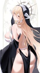 Rule 34 | 1girl, absurdres, ass, azur lane, back, bare shoulders, black dress, blonde hair, blush, breast cutout, breasts, detached sleeves, dress, fake horns, habit, highres, horns, huge breasts, implacable (azur lane), large breasts, long bangs, long hair, looking at viewer, looking back, nun, oxygen mask (oxygenmask233), pelvic curtain, red eyes, revealing clothes, sidelocks, smile, solo, thighs, thong, underwear, white horns, wide sleeves