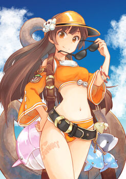 1girl akiyama_nenehisa belt bikini blue_sky blunt_ends breasts brown_hair closed_mouth cloud commentary_request day detached_sleeves guilty_gear guilty_gear_strive hat_ornament highres holding holding_removed_eyewear long_hair looking_at_viewer may_(guilty_gear) navel orange_bikini orange_eyes outdoors skull_hat_ornament sky small_breasts smile solo sunglasses swimsuit unworn_eyewear very_long_hair visor_cap