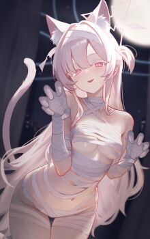 1girl absurdres akira_(blue_archive) animal_ear_fluff animal_ears bandage_on_hair bandages bare_shoulders blue_archive blurry blurry_background breasts cat_ears cat_girl cat_tail claw_pose colored_eyelashes commentary cowboy_shot english_commentary hair_intakes halo hands_up highres long_hair looking_at_viewer medium_breasts mellow_(srpp4843) moon naked_bandage open_mouth pink_eyes smile solo tail underboob white_eyelashes white_hair white_halo white_tail