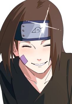Rule 34 | 1girl, absurdres, black shirt, blush, brown hair, closed eyes, facial mark, facing viewer, forehead protector, highres, konohagakure symbol, naruto (series), naruto shippuuden, nohara rin, pnpk 1013, shirt, smile, solo, upper body, white background