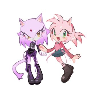 absurdres alternate_costume amy_rose animal_ears blaze_the_cat boots cat_girl couple crop_top cross cross_necklace diamond_(gemstone) digu718910 forehead_jewel full_body furry furry_female gem green_hair happy head_tilt headband hedgehog_girl highres jewelry korean_commentary long_sleeves looking_at_viewer necklace open_mouth orange_eyes pink_fur purple_fur red_gemstone skirt sonic_(series) tail white_background yuri