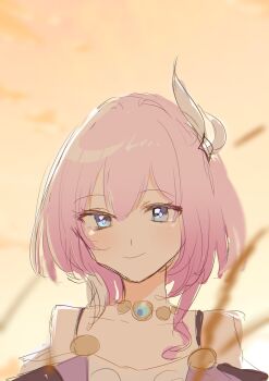 1girl bare_shoulders blue_eyes breasts coat commentary_request cyrene_(aedes_elysiae)_(honkai:_star_rail) cyrene_(honkai:_star_rail) dress hair_ornament highres honkai:_star_rail honkai_(series) jewelry looking_at_viewer multicolored_hair necklace orange_sky pink_hair purple_coat short_hair sky small_breasts smile solo toukosann2005 two-tone_hair upper_body white_dress white_hair