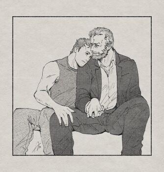 2boys absurdres azuko_(@zuco) beard chest_hair closed_mouth collared_shirt commentary deadpool facial_hair formal_clothes full_beard hand_on_another's_knee head_on_another's_shoulder highres holding_hands interlocked_fingers jacket leaning_on_person logan_(movie) long_sleeves looking_at_another male_focus marvel monochrome multiple_boys muscular muscular_male old old_man pants shirt short_hair sitting sleeveless symbol-only_commentary wolverine_(x-men) x-men x-men_film_series x-men_origins:_wolverine yaoi