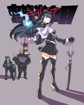 2girls 3boys bakuzan black_hair black_legwear blue_eyes blue_fire boots fire gamagoori_ira hair_ornament high_heel_boots high_heels highres inumuta_houka jakuzure_nonon katana kill_la_kill kiryuuin_satsuki lio_fotia long_hair looking_at_viewer multiple_boys multiple_girls pleated_skirt promare pyrokinesis sanageyama_uzu school_uniform simple_background skirt sword takeuchi_ryousuke thick_eyebrows thigh_boots thighhighs thighs weapon