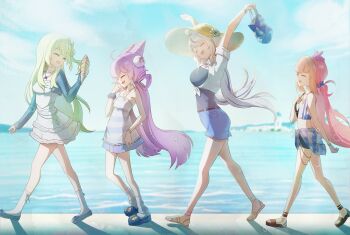 Rule 34 | 4girls, \o/, ahoge, aokumo rin, arm at side, arms up, black shirt, black shorts, blue cardigan, blue scrunchie, blue shoes, blue shorts, blue sky, blue streaks, bow, bracelet, breasts, cardigan, closed eyes, clothes around waist, commentary request, cone hair bun, crop top, cropped cardigan, cropped shirt, day, denim, denim shorts, dress, fang, flat chest, from side, green hair, grey hair, grey socks, hair bow, hair bun, hair ornament, hair scrunchie, hanako nana, hand to own mouth, hand up, happy, hat, highres, holding, holding ice cream cone, ice cream cone, jewelry, korean commentary, lake, large breasts, long hair, long sleeves, looking at another, looking back, low twintails, medium breasts, multicolored hair, multiple girls, necklace, one side up, open cardigan, open clothes, open mouth, open shirt, outdoors, outstretched arms, peto (hanako nana), pina art, pink bow, pink hair, plaid clothes, plaid shirt, pom pom (clothes), pom pom hair ornament, purple hair, sandals, scrunchie, shirt, shirt around waist, shoes, short dress, short shorts, shorts, sideways mouth, skin fang, sky, sleeveless, sleeveless shirt, sleeves rolled up, smile, socks, stellive, strapless, strapless dress, streaked hair, striped clothes, striped dress, sun hat, tenko shibuki, tied shirt, turning head, twintails, very long hair, virtual youtuber, walking, white dress, white shirt, white socks, yuzuha riko