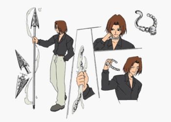 00s 1boy alternate_hairstyle brown_hair reference_sheet hamrio_musica jewelry lowres male_focus model_sheet necklace polearm rave_(manga) solo spear weapon