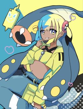 1girl aqua_hair bandeau black_mask black_pants blonde_hair blue_eyes blue_pants breasts canari_(pokemon) center-flap_bangs closed_eyes criss-cross_halter criss-cross_straps eelektross gen_4_pokemon gen_5_pokemon halterneck heart highres jacket looking_at_viewer mask mask_pull mega_stone mouth_mask multicolored_hair navel nintendo open_mouth pants pokemon pokemon_(creature) pokemon_legends:_z-a rotom rotom_phone saki_pokeoekaki short_twintails smile split-color_hair teeth twintails two-tone_hair two-tone_mask two-tone_pants yellow_bandeau yellow_jacket yellow_mask