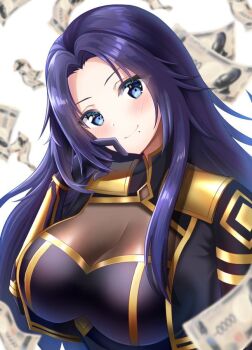 1girl black_hair blue_eyes blush breasts falling_money gamma_(kagejitsu) kage_no_jitsuryokusha_ni_naritakute! long_hair looking_at_viewer mole mole_under_mouth money nagisilon solo