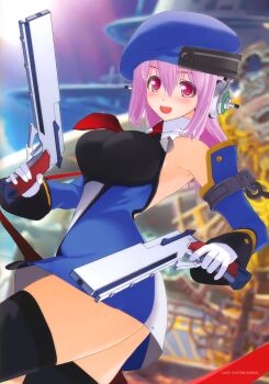 1girl 3d absurdres arc_system_works black_thighhighs blazblue blush breasts cosplay crossover dual_wielding female_focus framed_breasts gloves gun handgun happy hat headphones highres holding large_breasts looking_at_viewer necktie nitroplus noel_vermillion noel_vermillion_(cosplay) purple_hair red_eyes short_hair smile solo super_sonico thighhighs trigger_discipline weapon white_gloves