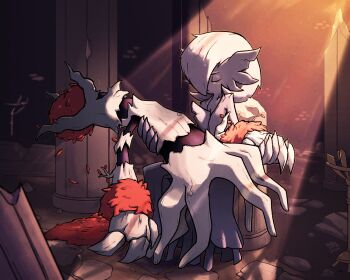 1girl artist_name backlighting blasphemous bob_cut closed_eyes closed_mouth collarbone colored_skin commission crack dated death dress female_focus flat_chest full_body gardevoir gen_3_pokemon gen_6_pokemon hair_over_one_eye highres holding_hands light_rays nintendo on_lap one_eye_covered pillar pokemon pokemon_(creature) short_hair signature sitting sunlight tree trevenant u_u white_dress white_hair white_skin wwwjam
