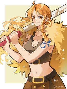 1girl alynomali border braid breasts brown_shirt brown_skirt cape cleavage closed_mouth cowboy_shot crop_top fur_cape highres holding holding_sword holding_weapon large_breasts long_hair midriff nami_(one_piece) navel one_piece orange_eyes orange_hair over_shoulder shirt shoulder_tattoo side_braid simple_background skirt smile solo sparkle sword sword_over_shoulder tattoo twitter_username weapon weapon_over_shoulder white_border yellow_background