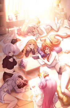 6+girls :d alternate_costume ass bare_shoulders barefoot beer_can black_pantyhose black_shirt black_shorts black_sweater blonde_hair blue_eyes blush book bookshelf braid breasts can casual chips_(food) cleavage cleavage_cutout closed_eyes closed_mouth clothing_cutout collarbone commentary_request crop_top denim denim_shorts desk dorothy_(nikke) dress drink_can drooling earphones exposed_pocket fang flower-shaped_hair food full_body goddess_(nikke) goddess_of_victory:_nikke grey_hair grey_pajamas grey_shorts hair_between_eyes hair_bun hands_on_own_cheeks hands_on_own_face highres holding holding_can holding_plate horns indoors korean_commentary lap_pillow large_breasts lego_brick liliweiss_(nikke) long_braid long_hair long_sleeves looking_at_another low_twin_braids lying mechanical_horns micro_shorts midriff mouth_drool multicolored_hair multiple_girls navel official_alternate_costume official_alternate_hairstyle on_side on_stomach open_mouth pajamas panties panties_under_pantyhose pants pantyhose picture_book pillow pink_hair plant plate ponytail potted_plant radio rapunzel_(nikke) rapunzel_(pure_grace)_(nikke) red_hair red_hood_(nikke) red_hood_(retro_days)_(nikke) ribbed_sweater scarlet_(black_shadow)_(nikke) scarlet_(nikke) shadow shared_earphones shelf shirt short_hair short_shorts short_sleeves shorts sidelocks single_side_bun sitting sleep_mask sleeping small_breasts smile snow_white_(innocent_days)_(nikke) snow_white_(nikke) standing star-shaped_pupils star_(symbol) sweater symbol-shaped_pupils tank_top trhisell twin_braids underwear very_long_hair white_dress white_hair white_pants white_tank_top yellow_eyes