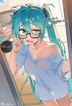 blue_eyes blue_hair blush breasts commentary english_commentary english_text glasses hatsune_miku highres indoors medium_breasts no_bra open_door see-through_clothes see-through_shirt semi-rimless_eyewear shirt silhouette sin_(sintrybest) single_bare_shoulder single_off_shoulder speech_bubble twintails under-rim_eyewear vocaloid white_shirt