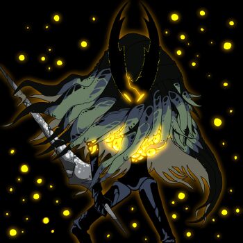 1other black_background black_skin cloak colored_skin crack dark glowing glowing_eyes green_cloak holding holding_weapon hollow_knight hollow_knight_(character) infection joints light_particles looking_at_viewer nail_(hollow_knight) orange_eyes orange_outline other_focus outline sakana_2-gou solo standing underlighting weapon