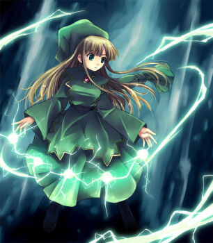 blonde_hair blue_eyes lightning madou_monogatari magic puyopuyo solo witch_(puyopuyo) yakka