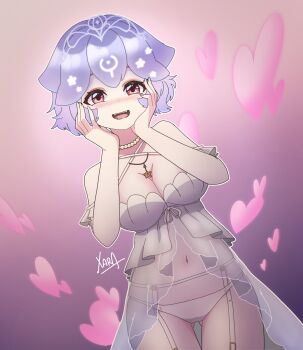 Rule 34 | 1girl, absurdres, bao the whale, blue hair, blush, breasts, cleavage, garter belt, garter straps, hands on own face, heart, highres, indie virtual youtuber, jewelry, large breasts, lingerie, looking at viewer, navel, necklace, open mouth, panties, pearl necklace, pink background, red eyes, see-through clothes, short hair, smile, solo, thighs, underwear, virtual youtuber, whale girl, white panties, xarakura xara