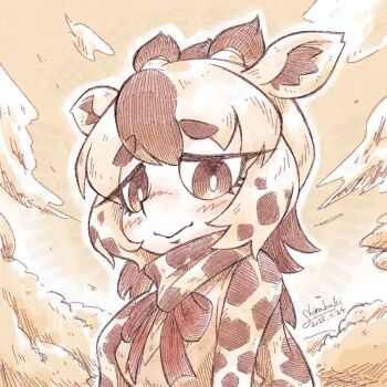 1girl angolan_giraffe_(kemono_friends) animal_ears animal_print cardigan cloud giraffe_ears giraffe_girl giraffe_horns giraffe_print horns kemono_friends looking_at_viewer neck_ribbon outdoors red_ribbon ribbon scarf shirabaki shirt short_hair sky solo upper_body