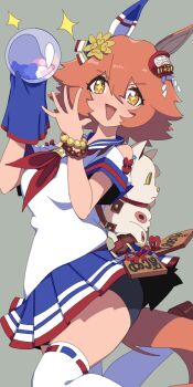 +_+ 1girl animal_ears archives.gokulism blush breasts clover_hair_ornament commentary crystal_ball daruma_doll daruma_doll_hair_ornament ear_covers ema english_commentary flipped_hair four-leaf_clover_hair_ornament good_fortune_symbol hair_between_eyes hair_ornament highres holding holding_orb horse_ears horse_girl horse_tail looking_at_viewer maneki-neko matikanefukukitaru_(rising_fortune)_(umamusume) matikanefukukitaru_(umamusume) open_mouth orange_hair orb school_uniform shide shirt short_hair single_ear_cover skirt smile solo tail umamusume