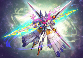 Rule 34 | artoria pendragon (fate), commentary request, fate/grand order, fate (series), flying, glowing, glowing eyes, highres, mecha, mecha musume, mecha on girl, mechabare, mechanical arms, mechanical boots, mechanical legs, mechanical skirt, mechanical wings, mysterious heroine xx (fate), mysterious heroine xx (first ascension) (fate), nakamura eight, pink scarf, pointy footwear, rhongomyniad (fate), robot, scarf, single mechanical arm, solo, twinmyniad (fate), weapon, wings