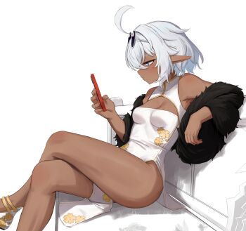 1girl ahoge bench black_jacket blue_eyes blue_hair breasts cellphone cleavage_cutout clothing_cutout commentary cropped_jacket crossed_legs dark-skinned_female dark_elf dark_skin dress elf eyewear_on_head floral_print floral_print_dress from_side fur_jacket highres holding holding_phone huge_ahoge jacket looking_at_phone medium_breasts mockingeu multicolored_hair on_bench open_clothes open_jacket original phone pointy_ears print_dress profile round_eyewear short_hair simple_background sitting sleeveless sleeveless_dress smartphone solo streaked_hair sunglasses white_background white_dress white_hair