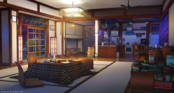 3d absurdres book guitar highres indoors instrument kitchen kotatsu night no_humans original scenery sitai_xiii table window