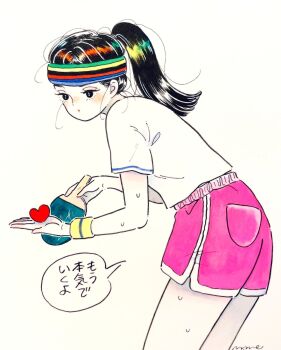 Rule 34 | 1girl, black eyes, black hair, blush, colored skin, commentary, emamemamo33, from side, headband, heart, highres, holding, holding paddle, holding table tennis paddle, iridescent hair, original, paddle, pink shorts, playing sports, ponytail, shirt, shorts, signature, simple background, solo, speech bubble, striped sweatband, sweat, sweatband, table tennis, table tennis paddle, table tennis serve, traditional media, white background, white skin