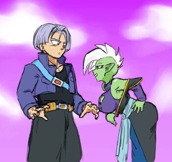 bare_shoulders belt bent_over black_tank_top breasts cleavage_cutout clothing_cutout cloud colored_skin denim denim_jacket dragon_ball dragon_ball_super dragonball_z from_side genderswap genderswap_(mtf) green_skin jacket large_breasts male_focus mohawk purple_background purple_hair short_hair smile tank_top tomaha trunks_(dragon_ball) trunks_(future)_(dragon_ball) white_hair zamasu