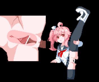 1girl animated animated_gif bar_censor black_background black_thighhighs blue_archive censored hetero loli looping_animation lowres natsu_(blue_archive) penis pink_hair pixel_art pussy school_uniform serafuku sex shirt side_ponytail split standing standing_on_one_leg standing_split testest thighhighs vaginal white_shirt x-ray