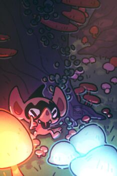 :p akanbe colored_tongue eyelid_pull fangs fangs_out finger_to_eye gen_8_pokemon glowing_mushroom highres imp impidimp mushroom night nintendo no_humans outdoors petite_echorizon pokemon pokemon_(creature) purple_tongue sitting tongue tongue_out tree