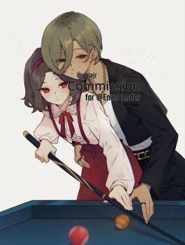 2girls ball billiard_ball black_jacket black_skirt brown_hair chain chain_necklace closed_mouth commentary ebizuka_tomo ghlejr girls_band_cry green_eyes grey_hair hand_on_another&#039;s_waist highres holding_cue_stick jacket jewelry medium_hair mole mole_under_eye multiple_girls multiple_rings necklace pool_table red_eyes red_skirt ring rupa_(girls_band_cry) shirt skirt smile suspender_skirt suspenders table white_shirt yuri